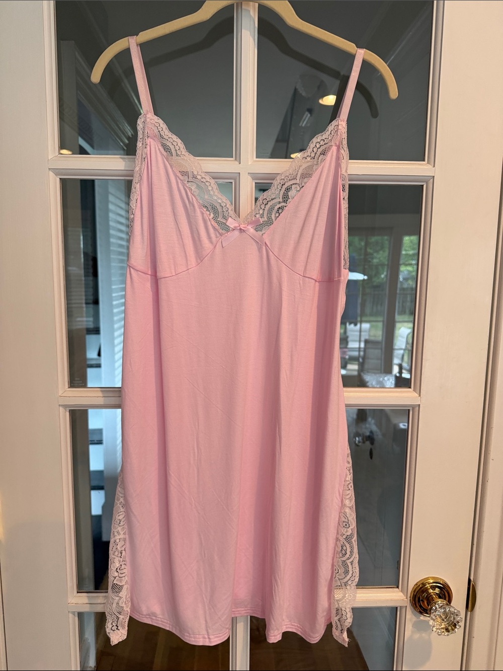 Delicate Pink Lace-Trim Chemise with Bow Accent